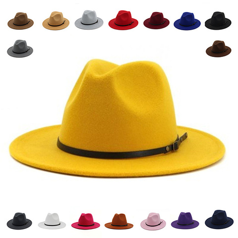 Fedora – chapeaux à large bord pour hommes et femmes, ceinture, formel, feutré, blanc, vert, Vintage, décontracté, hiver ► Photo 1/6