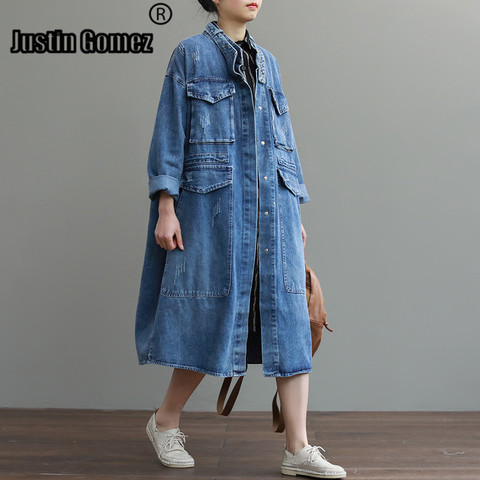 Pas cher Surdimensionné Décontracté Cowboy Tranchée Manteau pour Femmes Lâche Outwear Long Denim Jean Manteau Simple boutonnage Poche Vêtements Féminins ► Photo 1/5