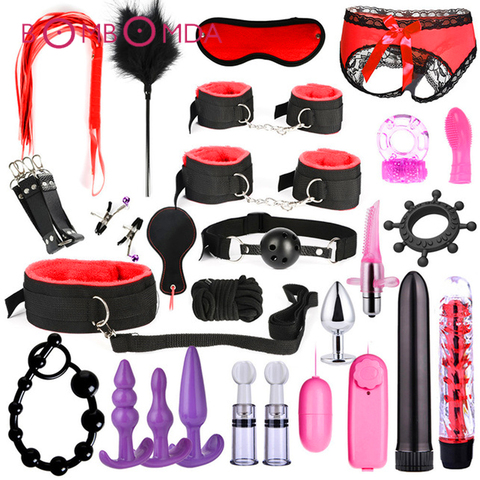 26 pièces jouets sexuels pour femmes hommes menottes mamelon pinces fouet fessée sexe Silicone métal Anal Plug bout à bout Bdsm vibrateur Bondage ensemble ► Photo 1/6