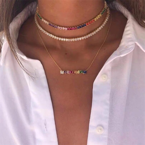 Colliers, pendentifs géométriques pour femmes, baguettes arc-en-ciel de qualité, barres, bijoux colorés or cristal, ras du cou, à la mode, cadeaux pour femmes ► Photo 1/1