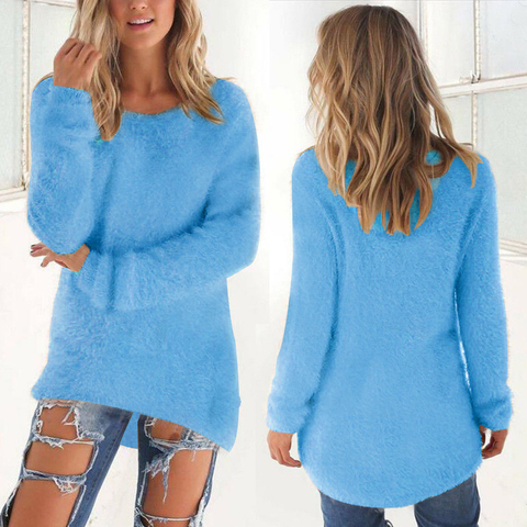 Pulls automne hiver femmes col rond chandail Long polaire en vrac tricoté chandail Long femme décontracté couleur unie en peluche Baggy pull ► Photo 1/6