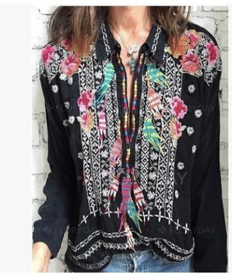 TEELYNN-chemisier noir femme, broderie florale, vintage, en coton, pull de haut, style boho, grande taille, automne, 2022 ► Photo 1/4