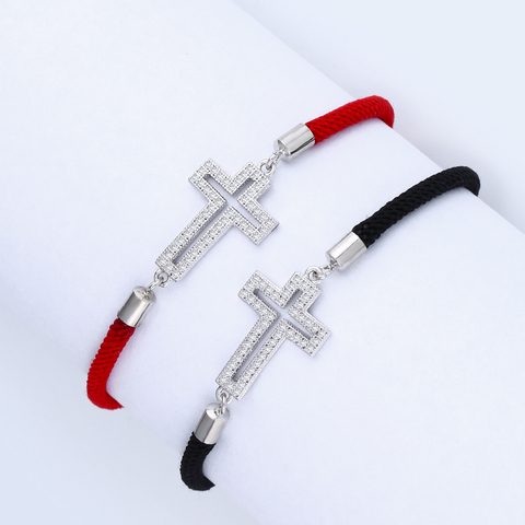 Bracelet de luxe en Zircon pour femmes, couleur argent, croix creuse, fil rouge, breloque ajustable, cadeau pour femmes, brt-a65 ► Photo 1/5