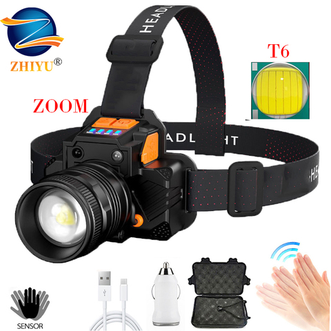 Rechargeable capteur LED phare Zoom pêche phare torche extérieur Super lumineux phare étanche Camping chasse lampe frontale ► Photo 1/6