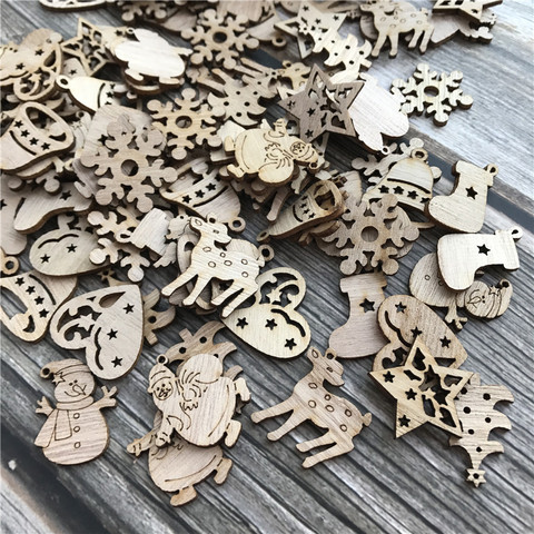 50 pièces bricolage naturel puce en bois père noël arbre de noël suspendus ornements pendentif enfants cadeaux bonhomme de neige forme d'arbre décoration de noël ► Photo 1/6