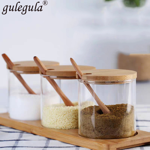 Pot à épices avec cuillère en bois, outil de cuisine, bouteille en verre, stockage du sucre et du sel, pot à épices avec cuillère en bois, accessoires de cuisine, boîte à épices ► Photo 1/6