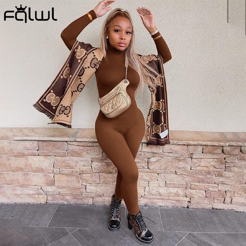 FQLWL – combinaison à manches longues pour femme, barboteuse Sexy et moulante, tenue une pièce à col roulé, de couleur marron, blanc et noir, collection hiver ► Photo 1/6