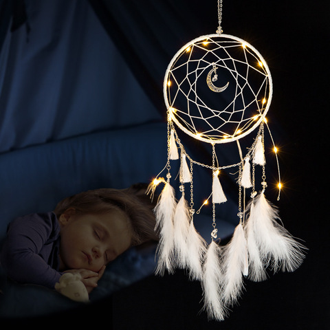 Carillons éoliens volants, attrape-rêves, luminaire mural créatif, cadeau fait à la main, pendentif avec plumes, lampe à LED ► Photo 1/6