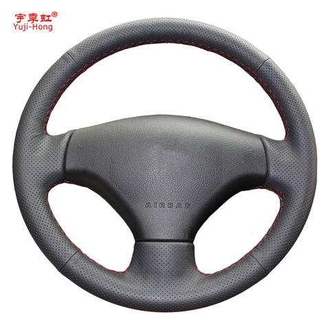 Yuji-Hong – coque de volant de voiture en cuir artificiel, housse de volant noir cousue à la main pour Peugeot 206 207 ► Photo 1/5