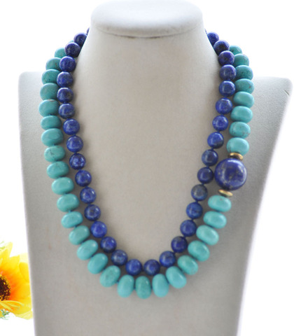 Collier rond bleu lapis-lazuli et Oblate Turquoise, 2 rangées, 20mm, S2456 ► Photo 1/4