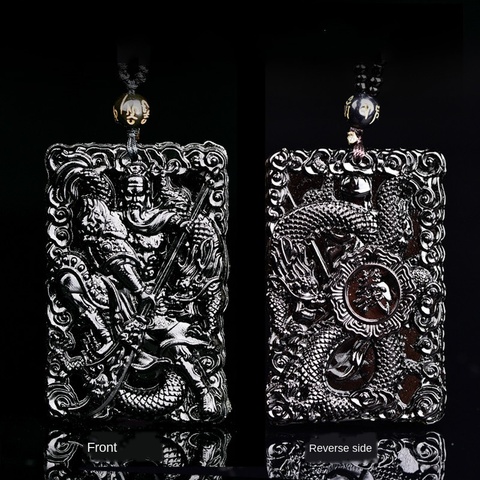 Pendentif en obsidienne Guangong noire naturelle, collier de perles, bijoux de charme à la mode, amulette sculptée, cadeaux pour femmes et hommes ► Photo 1/5