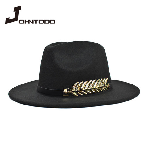 Chapeau Vintage classique en feutre jazz fedora, chapeau à grand bord, cloche cowboy panama pour femmes et hommes, noir et rouge ► Photo 1/6