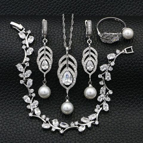 Parure de bijoux de mariage en argent 925, accessoires pour mariée, collier, boucles d'oreilles, Bracelet, pendentif, bague, perle blanche, zircone cubique ► Photo 1/6