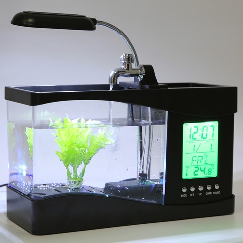 Mini Aquarium de bureau USB 5V, horloge LCD, minuterie lampe à LED lumière, couleur noire, 24x10x14cm, 1 pièce dc ► Photo 1/6