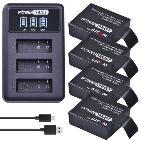PowerTrust – batterie 4x SJ4000 PG1050 + LED, 3 emplacements, chargeur USB pour SJCAM SJ4000 SJ5000 SJ6000 SJ7000 SJ8000 SJ9000 M10, caméra d'action ► Photo 1/6