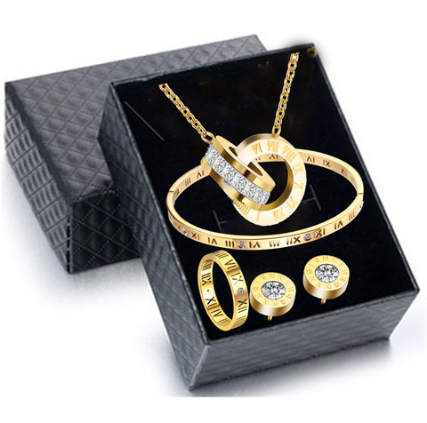 Ensemble de bijoux de mariage avec chiffres romains pour femmes, collier, boucles d'oreilles, Bracelet, bague, ne se décolore jamais, en acier inoxydable 316L, coffret cadeau ► Photo 1/6