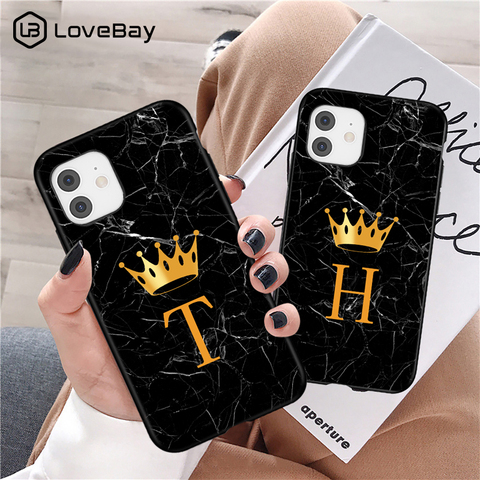 Marbre Lettre Initiale Pour iPhone 11 12 Mini Pro Max Couronne Couples Pour iPhone 7 8 Plus SE 2022 X XR XS Max Soft Étuis de Téléphone ► Photo 1/6