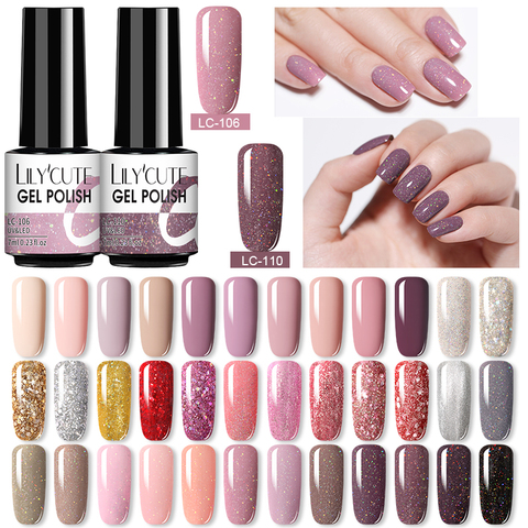 LILYCUTE – vernis à ongles UV Led, Gel pailleté Semi-Permanent, couleur or Rose, lumineux, couche de Base et de finition, à trempage, 7ml ► Photo 1/6