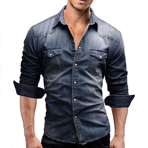 2022 automne hommes Denim chemise hommes à manches longues coton doux mince jean chemises mâle Cowboy chemise XXXL ► Photo 1/6