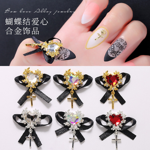 Nœud noir en alliage clair/AB, décorations rétro 3D Nail Art, bijoux gemmes, manucure de Style japonais, croix, nouveau Design, 5 pièces/lot ► Photo 1/6