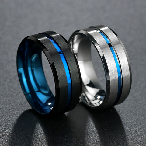 Bague décontractée pour hommes, anneau noir, ligne bleue, acier inoxydable, bracelet de mariage, confort, bijoux pour hommes, 8mm ► Photo 1/5