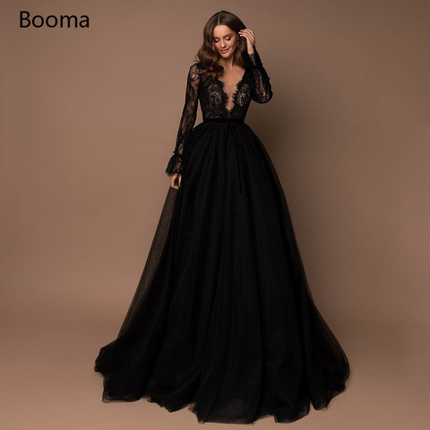 Élégant noir plongeant col en v robes de bal manches longues Illusion dentelle corsage a-ligne robes de soirée velours ceintures robes de fête ► Photo 1/6