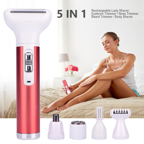 5 en 1 femmes épilateur Machine à raser visage barbe sourcil jambe tondeuse de nez corps Bikini électrique rasoir Rechargeable dame rasoir ► Photo 1/6