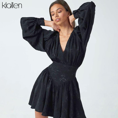 KLALIEN mode noir en mousseline de soie impression élégant mini robe ample 2022 femmes lanterne manches longues plissée mince fête robes de nuit ► Photo 1/5