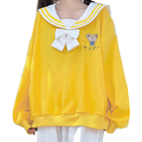 Sweat à capuche pour femmes, Harajuku, mignon, Lolita Kawaii, imprimé ours, Streetwear, col marin, JK, nœud papillon ► Photo 1/6