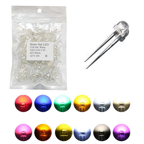 100 pièces 5mm paille chapeau éclairage à LED Diode Super lumineux chaud blanc rouge vert bleu jaune Orange UV rose rvb clignotant diyampoule ► Photo 1/6