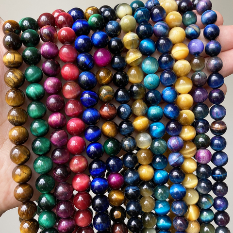 Perles rondes en œil de tigre multicolores, pierres naturelles, marron, jaune, vert, 15 pouces, 4, 6, 8, 10, 12MM, taille au choix, pour la fabrication de bijoux, vente en gros ► Photo 1/6