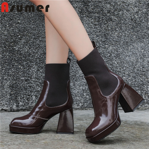 Asumer – bottines Chelsea en cuir véritable pour femme, chaussures à talons hauts et plateforme, bout carré, collection automne-hiver 2022, offre spéciale ► Photo 1/6