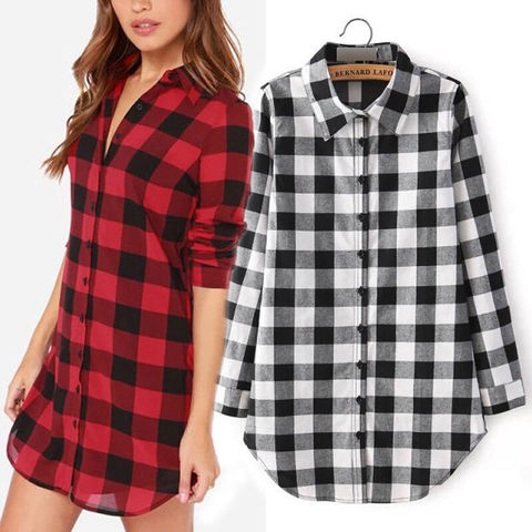 Chemise classique à carreaux pour femmes, chemise longue à manches longues col rabattu, simple boutonnage, en coton, noir et rouge ► Photo 1/6