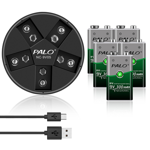 PALO – 5 batteries NiMH 9 V rechargeables 6F22 9 volts + chargeur USB rapide pour batterie nimh lithium Li-ion 9 V ► Photo 1/6