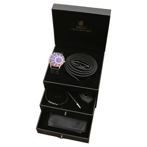 Coffret cadeau de luxe pour hommes, montre d'affaires en cuir, Bracelet, ceinture, porte-clés, stylo à bille, cadeau pour hommes pères ► Photo 1/6