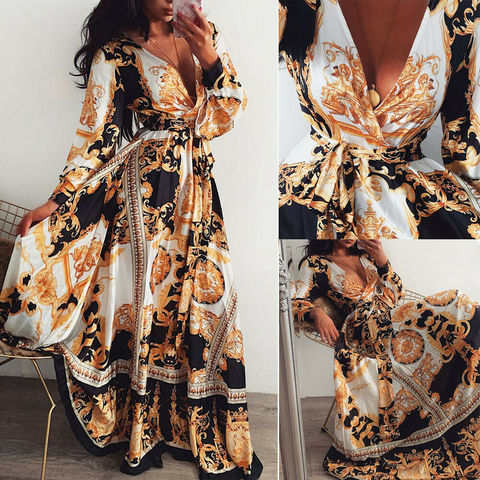 2022 Boho été rétro Vintage imprimé fleuri longue robe de soirée femmes Sexy élégant col en v longue Maxi robes Vestidos ► Photo 1/6