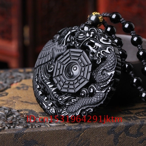 Pendentif en forme de Dragon phénix chinois en perles breloque, collier pour femmes, bijoux en obsidienne naturelle, Jade noir, cadeaux ► Photo 1/3