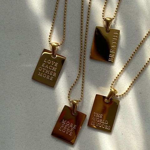 Bijoux de Couple en or véritable 18k, Texture de slogan gravée, pendentif carré, perles, chaînes, colliers en acier inoxydable pour femmes et hommes ► Photo 1/1