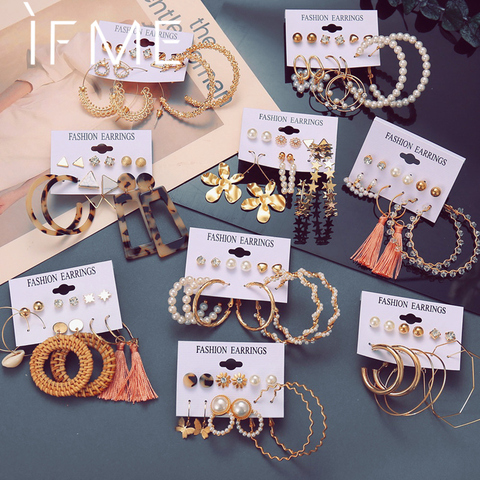 IF ME-ensemble de boucles d'oreilles pour femmes, perles, goutte acrylique, fleurs en or, étoile, pompon en métal, cercles géométriques, boucles d'oreilles Dangle, nouvelle collection 2022 ► Photo 1/6