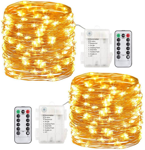 Lumière de noël 10m 20m, étanche, télécommande, lumières féeriques, fonctionnement à piles, décoration, 8 modes, minuterie, LED cordes en fil de cuivre ► Photo 1/6