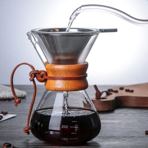 Verser sur la cafetière 400ML 600ML 800ML réutilisable d'acier inoxydable filtre Permanent goutteur manuel de café avec le vrai manchon en bois ► Photo 1/6