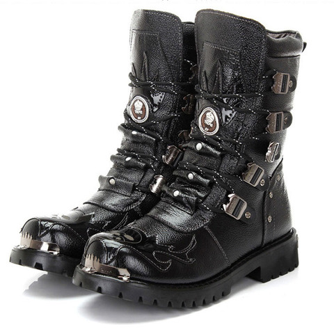 Bottes militaires pour hommes bottes de moto en cuir véritable bottes Punk chaussures chaudes bottes de chevalier noir désert Combat bottines tactiques ► Photo 1/6