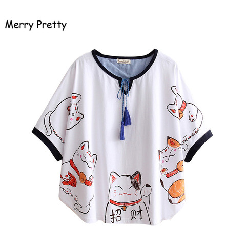 T-shirt manches courtes col rond Femme, en coton, avec dessin animé Lucky Cat imprimé, Style japonais, Harajuku, été 2022 ► Photo 1/1