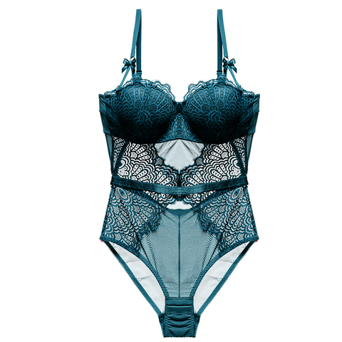 Body en dentelle pour femmes, Sexy, Push Up, avec balcon, soutien-gorge, décoration avec nœud, sous-marin, plumes de paon, ajouré, dos, Shaper, femmes ► Photo 1/6