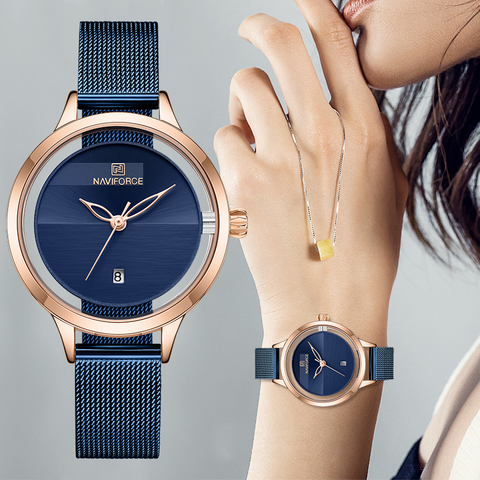 NAVIFORCE – montre-Bracelet en acier inoxydable pour femmes, à Quartz, analogique, Simple, bleu, maille, Date, horloge ► Photo 1/6