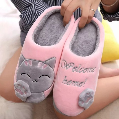 PUIMENTIUA femmes hiver maison pantoufles dessin animé chat chaussures antidérapant doux hiver chaud maison pantoufles intérieur chambre amoureux Couples ► Photo 1/6