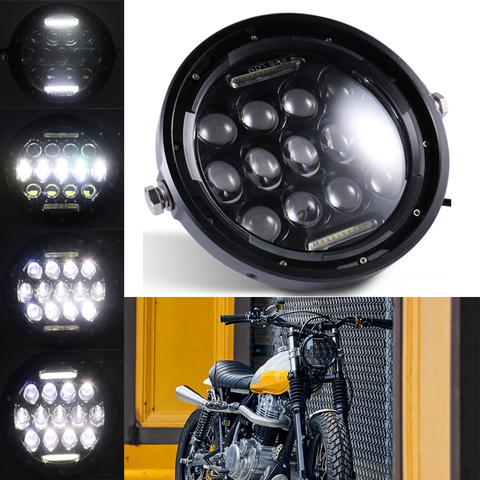 Phare LED de moto avec moteur universel de 7 pouces, lampe frontale ronde noire rétro pour café Racer Bobber Honda GS125 CG125 ► Photo 1/6