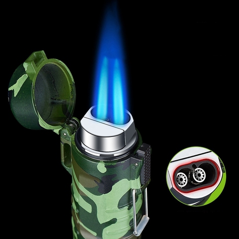 Briquet à gaz briquets en métal Jet deux torche Turbo briquet extérieur étanche Camping briquets lampe de poche Rechargeable ► Photo 1/6