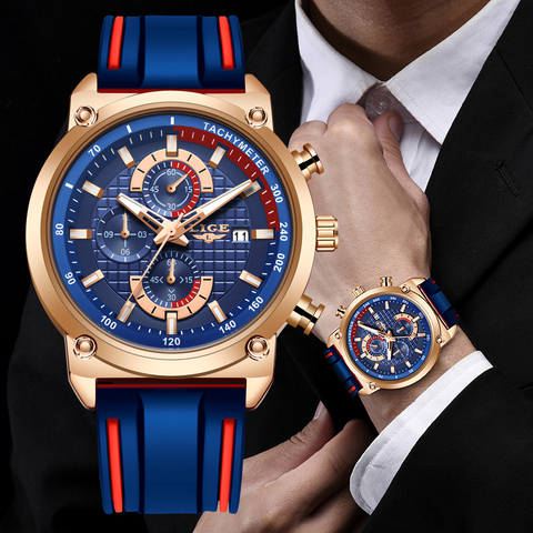 2022 LIGE nouveau hommes montres haut marque de luxe cadran horloge mâle mode Silicone étanche Quartz or montre hommes Sport chronographe ► Photo 1/6