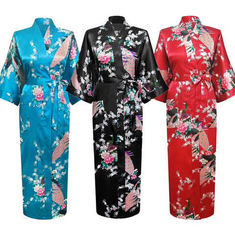 Robe longue Style japonais Satin paon femme Yukata vêtements de nuit Kimono Oriental Haori chinois Qipao Robe de nuit ► Photo 1/6